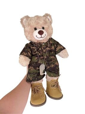 Build-A-Bear Happy Hugs Tan Teddy in Camouflage Jumpsuit with Tan Boots